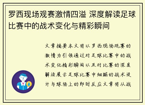 罗西现场观赛激情四溢 深度解读足球比赛中的战术变化与精彩瞬间