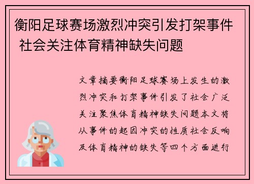 衡阳足球赛场激烈冲突引发打架事件 社会关注体育精神缺失问题