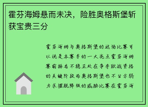 霍芬海姆悬而未决，险胜奥格斯堡斩获宝贵三分