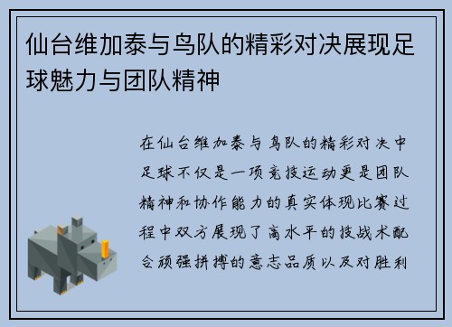 仙台维加泰与鸟队的精彩对决展现足球魅力与团队精神