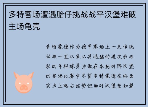 多特客场遭遇胎仔挑战战平汉堡难破主场龟壳