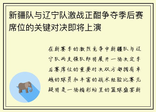 新疆队与辽宁队激战正酣争夺季后赛席位的关键对决即将上演