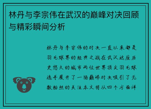 林丹与李宗伟在武汉的巅峰对决回顾与精彩瞬间分析