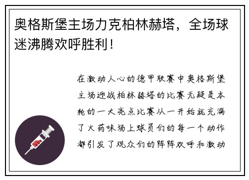 奥格斯堡主场力克柏林赫塔，全场球迷沸腾欢呼胜利！