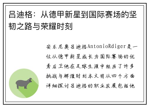 吕迪格：从德甲新星到国际赛场的坚韧之路与荣耀时刻
