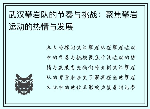 武汉攀岩队的节奏与挑战：聚焦攀岩运动的热情与发展