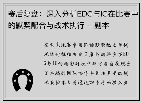 赛后复盘：深入分析EDG与IG在比赛中的默契配合与战术执行 - 副本